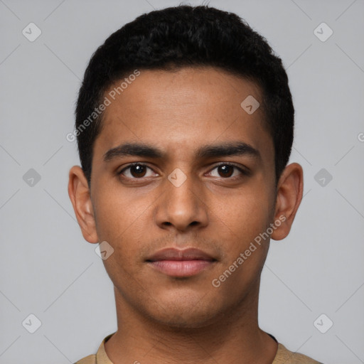 Neutral latino young-adult male with short  black hair and brown eyes