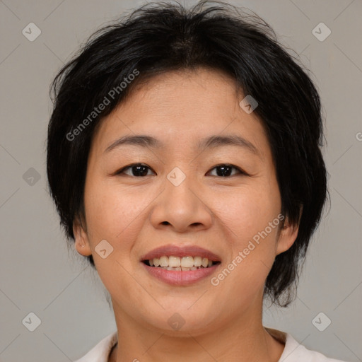 Joyful asian adult female with medium  brown hair and brown eyes