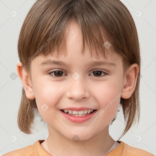 Joyful white child female with medium  brown hair and brown eyes