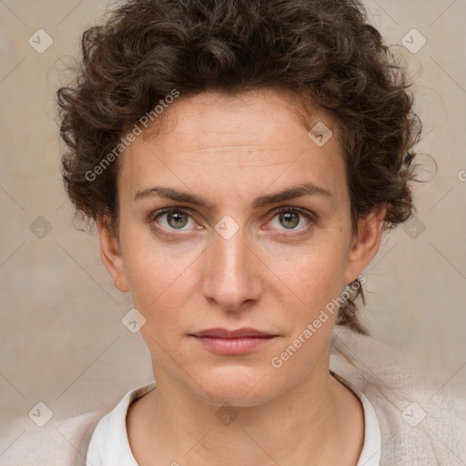 Neutral white young-adult female with short  brown hair and brown eyes