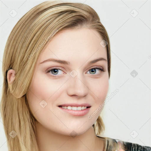 Joyful white young-adult female with medium  brown hair and blue eyes