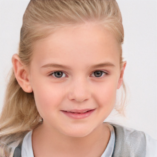 Joyful white child female with medium  blond hair and grey eyes