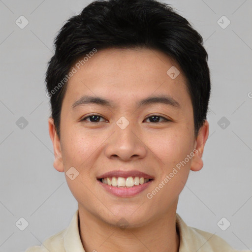 Joyful asian young-adult male with short  brown hair and brown eyes