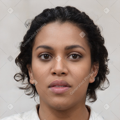 Neutral latino young-adult female with medium  brown hair and brown eyes