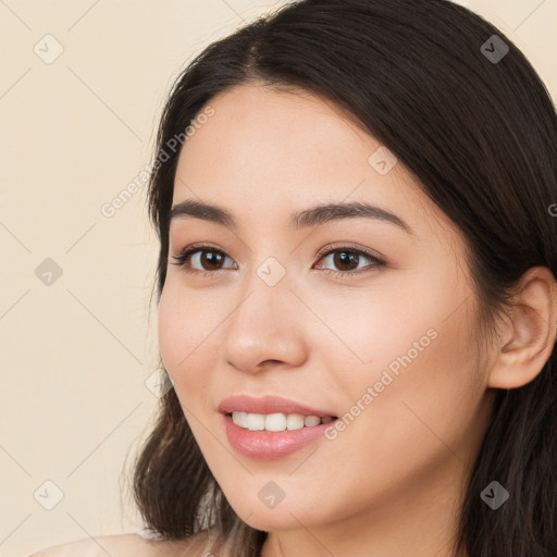 Joyful white young-adult female with long  brown hair and brown eyes