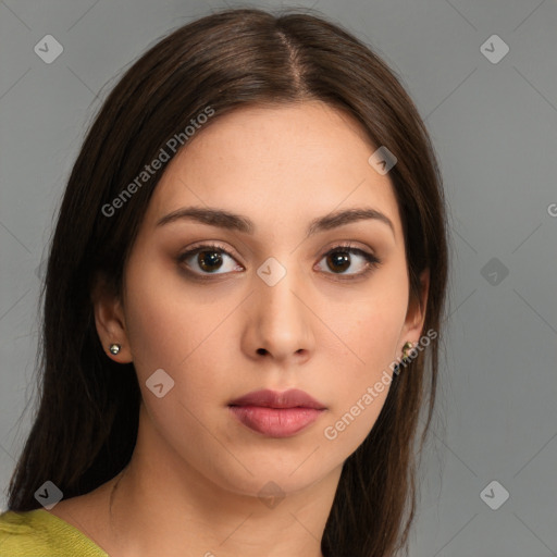 Neutral white young-adult female with medium  brown hair and brown eyes