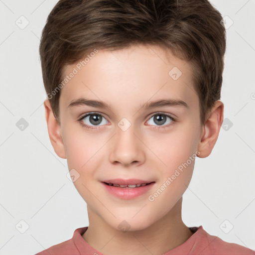 Joyful white child male with short  brown hair and brown eyes