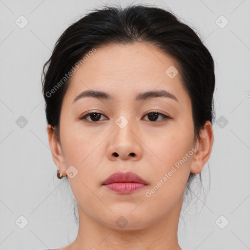 Neutral asian young-adult female with medium  brown hair and brown eyes