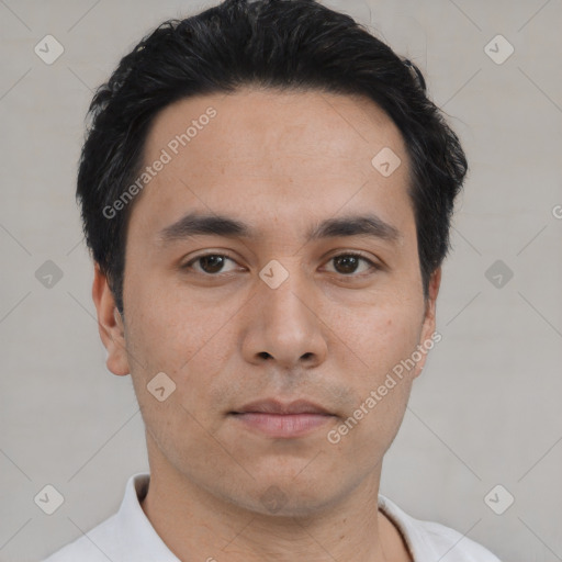 Neutral asian young-adult male with short  black hair and brown eyes