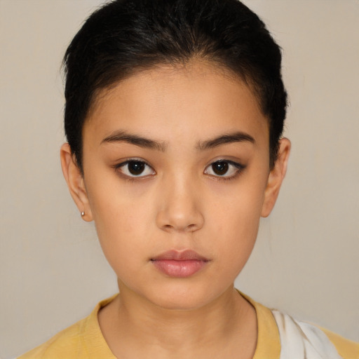 Neutral asian young-adult female with short  brown hair and brown eyes