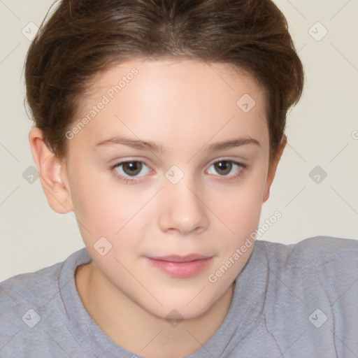 Joyful white child female with short  brown hair and brown eyes