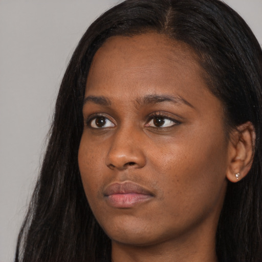 Neutral asian young-adult female with long  black hair and brown eyes