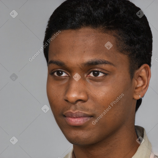 Neutral black young-adult male with short  black hair and brown eyes