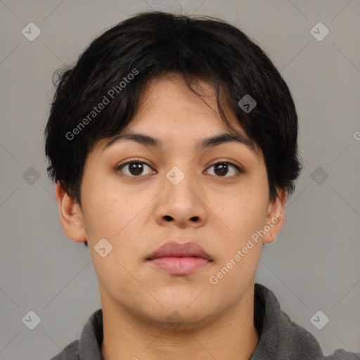 Neutral asian young-adult female with short  brown hair and brown eyes