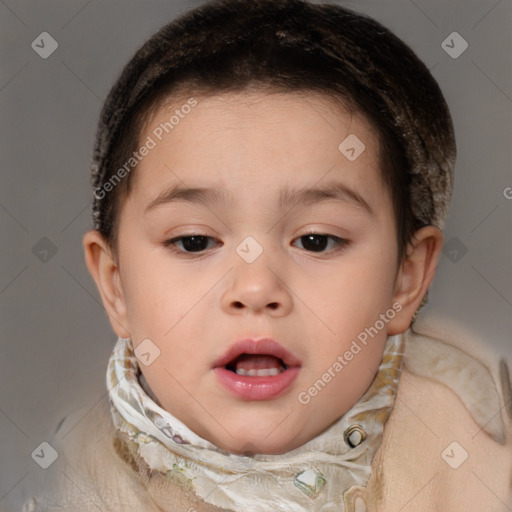 Joyful white child female with short  brown hair and brown eyes