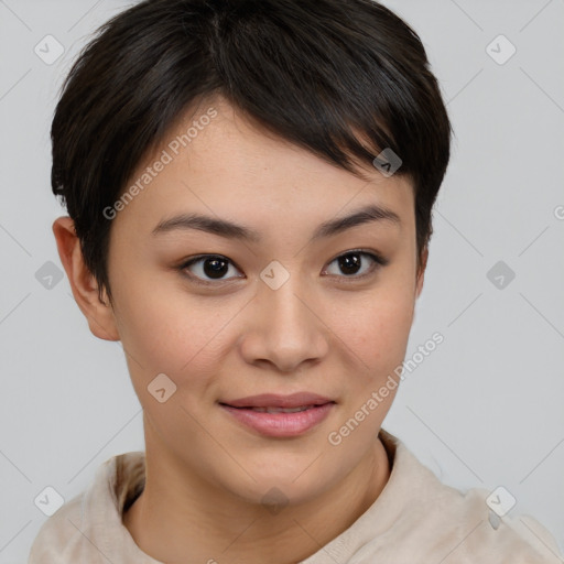 Joyful asian young-adult female with short  brown hair and brown eyes