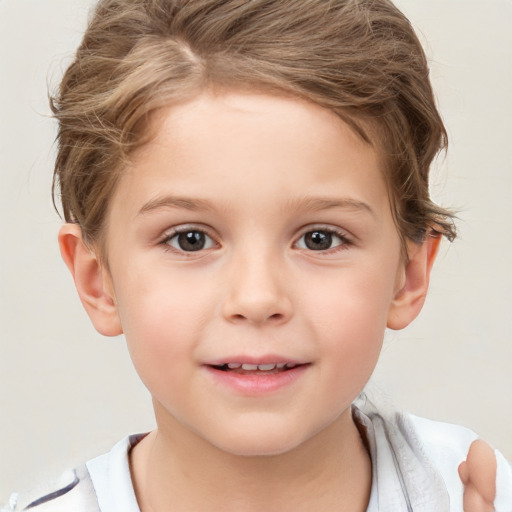 Joyful white child female with short  brown hair and brown eyes