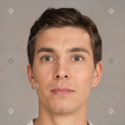 Neutral white young-adult male with short  brown hair and brown eyes