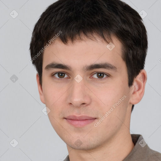 Neutral white young-adult male with short  brown hair and brown eyes