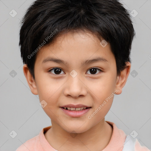 Joyful white child female with short  brown hair and brown eyes
