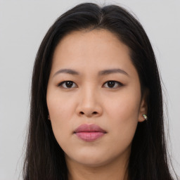 Neutral asian young-adult female with long  brown hair and brown eyes