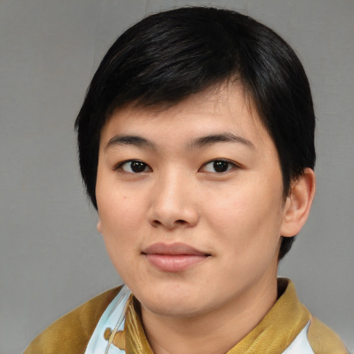 Neutral asian young-adult female with short  black hair and brown eyes