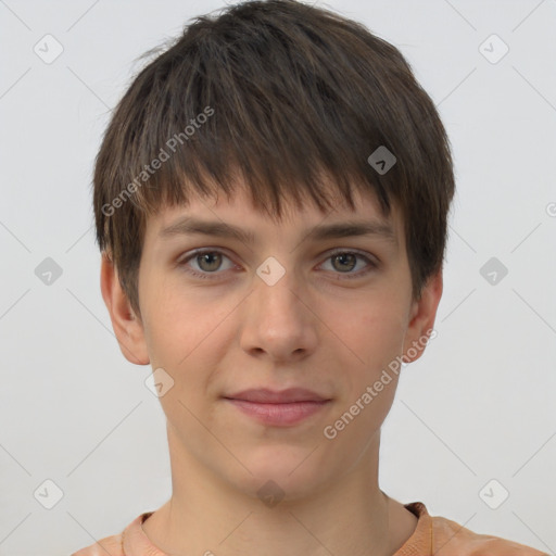 Neutral white young-adult female with short  brown hair and brown eyes