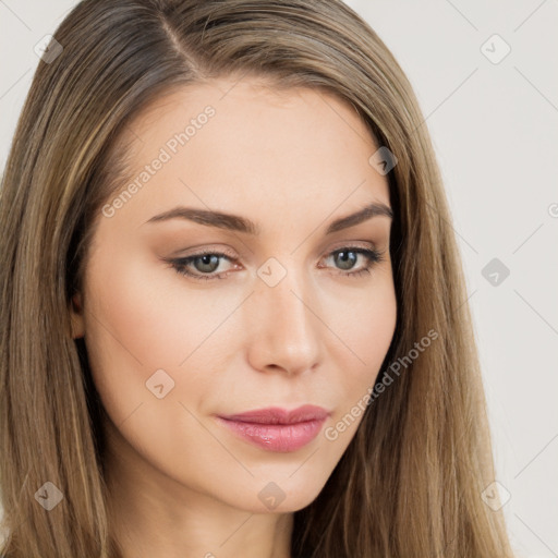 Neutral white young-adult female with long  brown hair and brown eyes