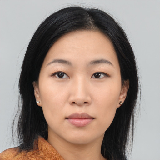 Neutral asian young-adult female with medium  black hair and brown eyes