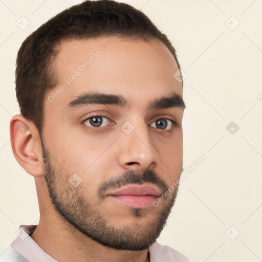 Neutral white young-adult male with short  brown hair and brown eyes