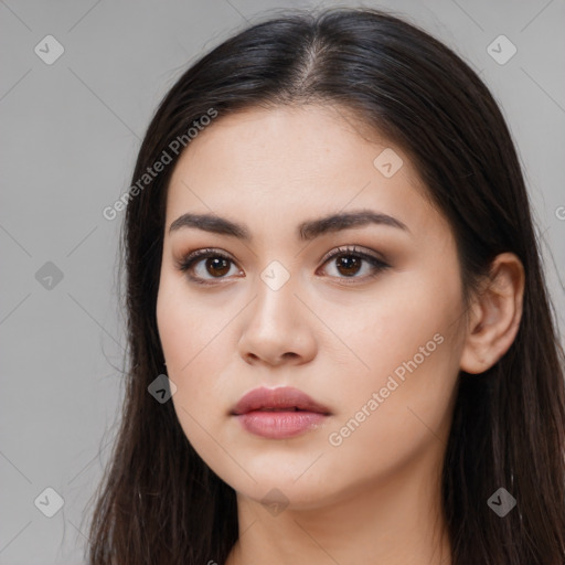 Neutral white young-adult female with long  brown hair and brown eyes