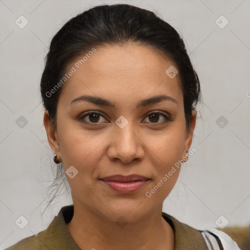 Joyful latino young-adult female with medium  brown hair and brown eyes