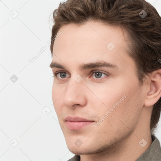 Neutral white young-adult male with short  brown hair and grey eyes