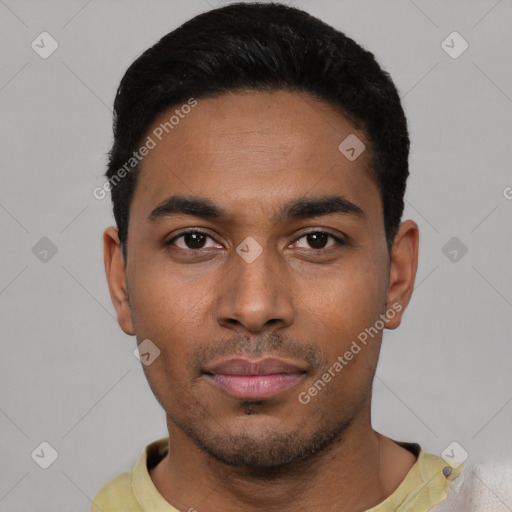 Neutral latino young-adult male with short  black hair and brown eyes