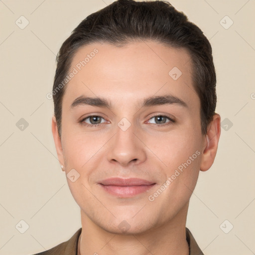 Joyful white young-adult male with short  brown hair and brown eyes