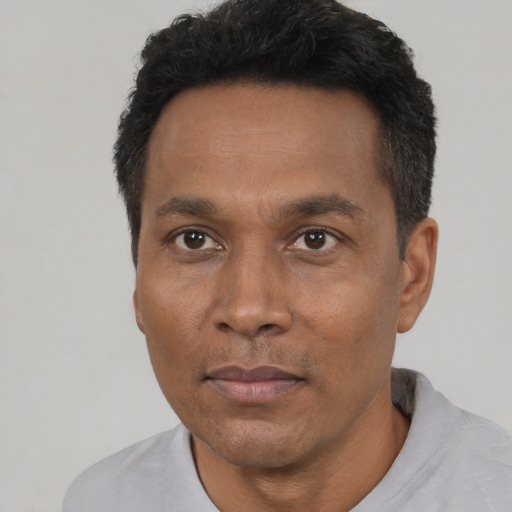 Neutral black adult male with short  black hair and brown eyes