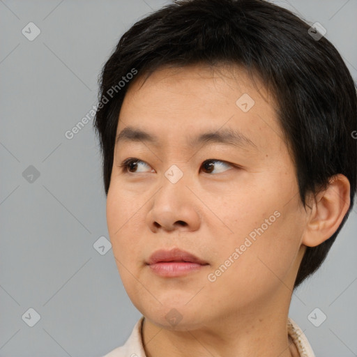 Neutral asian young-adult male with short  brown hair and brown eyes