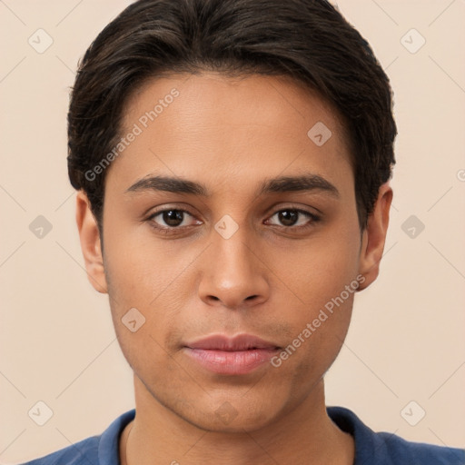 Neutral white young-adult male with short  brown hair and brown eyes