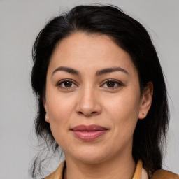 Joyful asian young-adult female with medium  brown hair and brown eyes