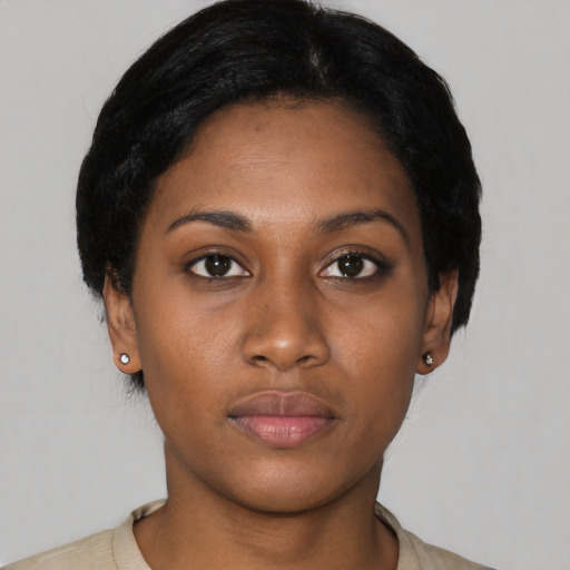 Neutral asian young-adult female with short  black hair and brown eyes