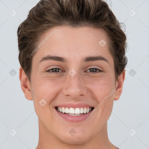 Joyful white young-adult female with short  brown hair and grey eyes