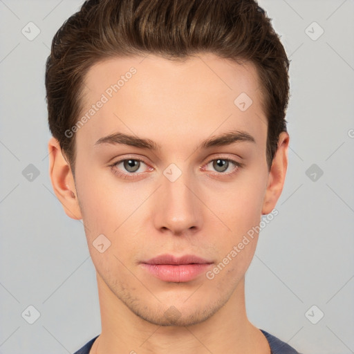 Neutral white young-adult male with short  brown hair and brown eyes