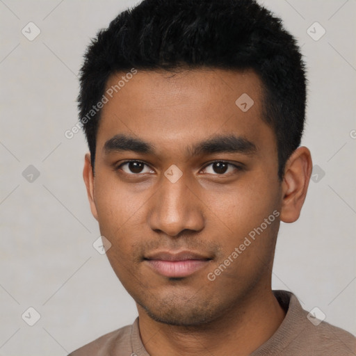 Neutral latino young-adult male with short  black hair and brown eyes