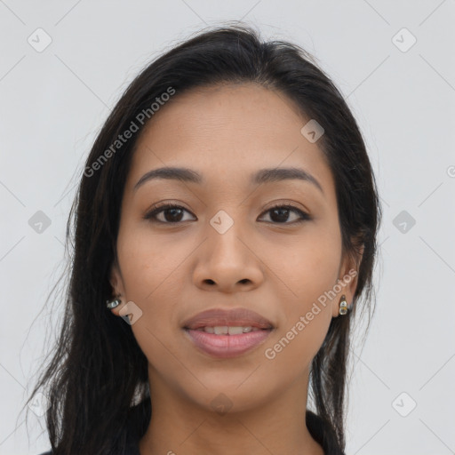 Joyful latino young-adult female with long  brown hair and brown eyes