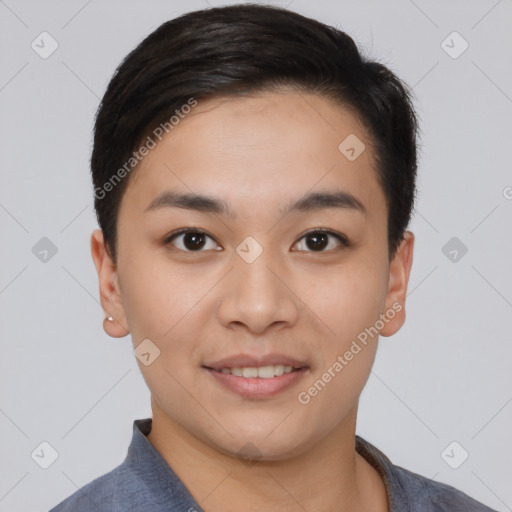 Joyful asian young-adult female with short  brown hair and brown eyes