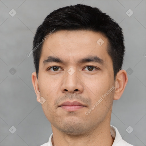 Neutral asian young-adult male with short  black hair and brown eyes