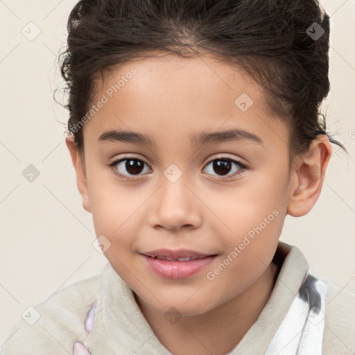 Joyful white child female with short  brown hair and brown eyes