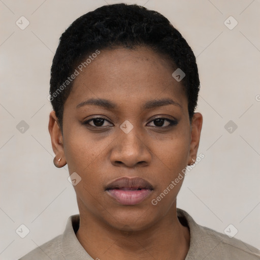 Neutral black young-adult female with short  black hair and brown eyes