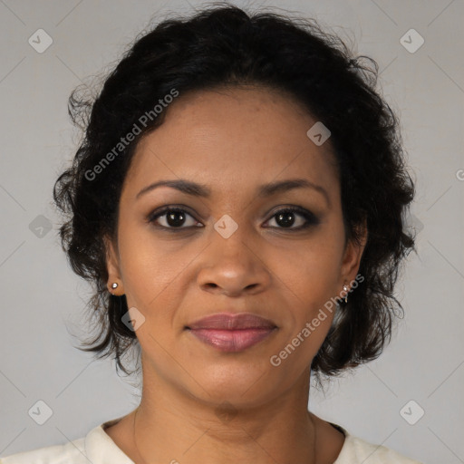 Joyful black young-adult female with medium  brown hair and brown eyes