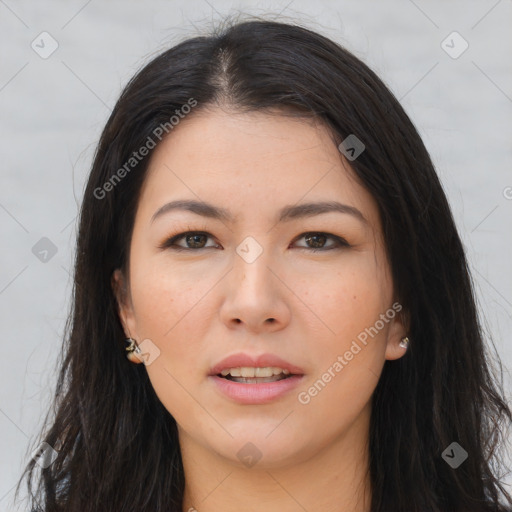 Joyful asian young-adult female with long  brown hair and brown eyes